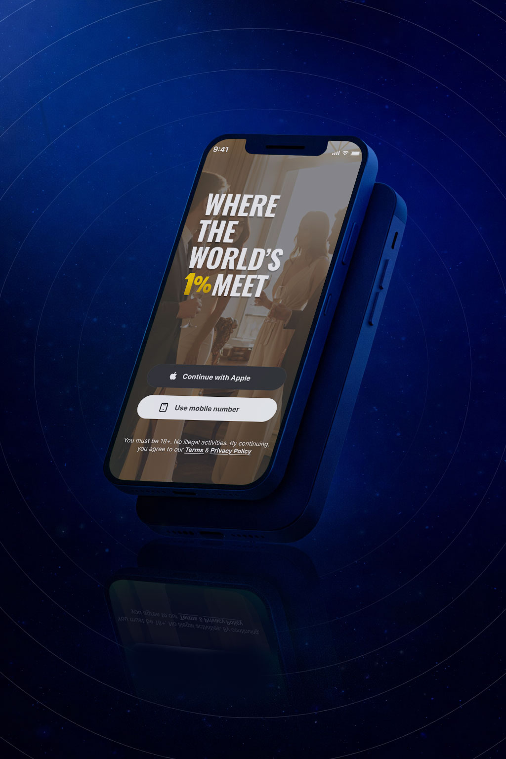 The 1% App login screen showcasing an elite social networking platform for high-level professionals