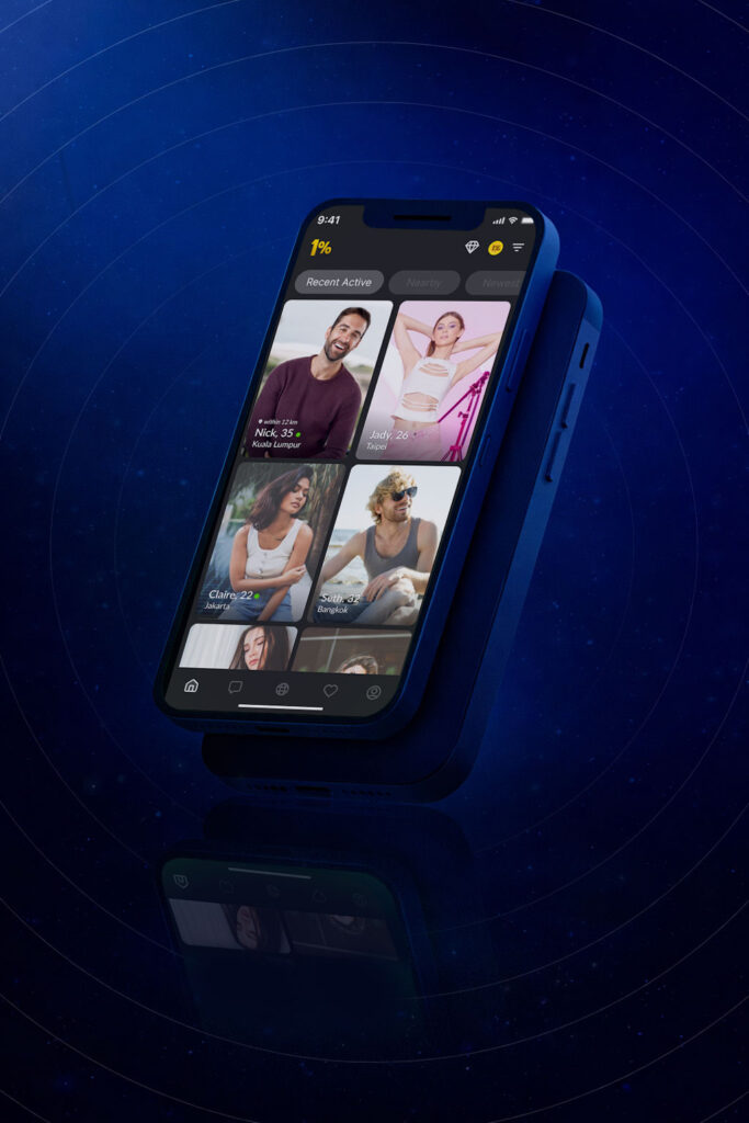 The 1% App member discovery interface showing verified profiles on an elite social networking platform